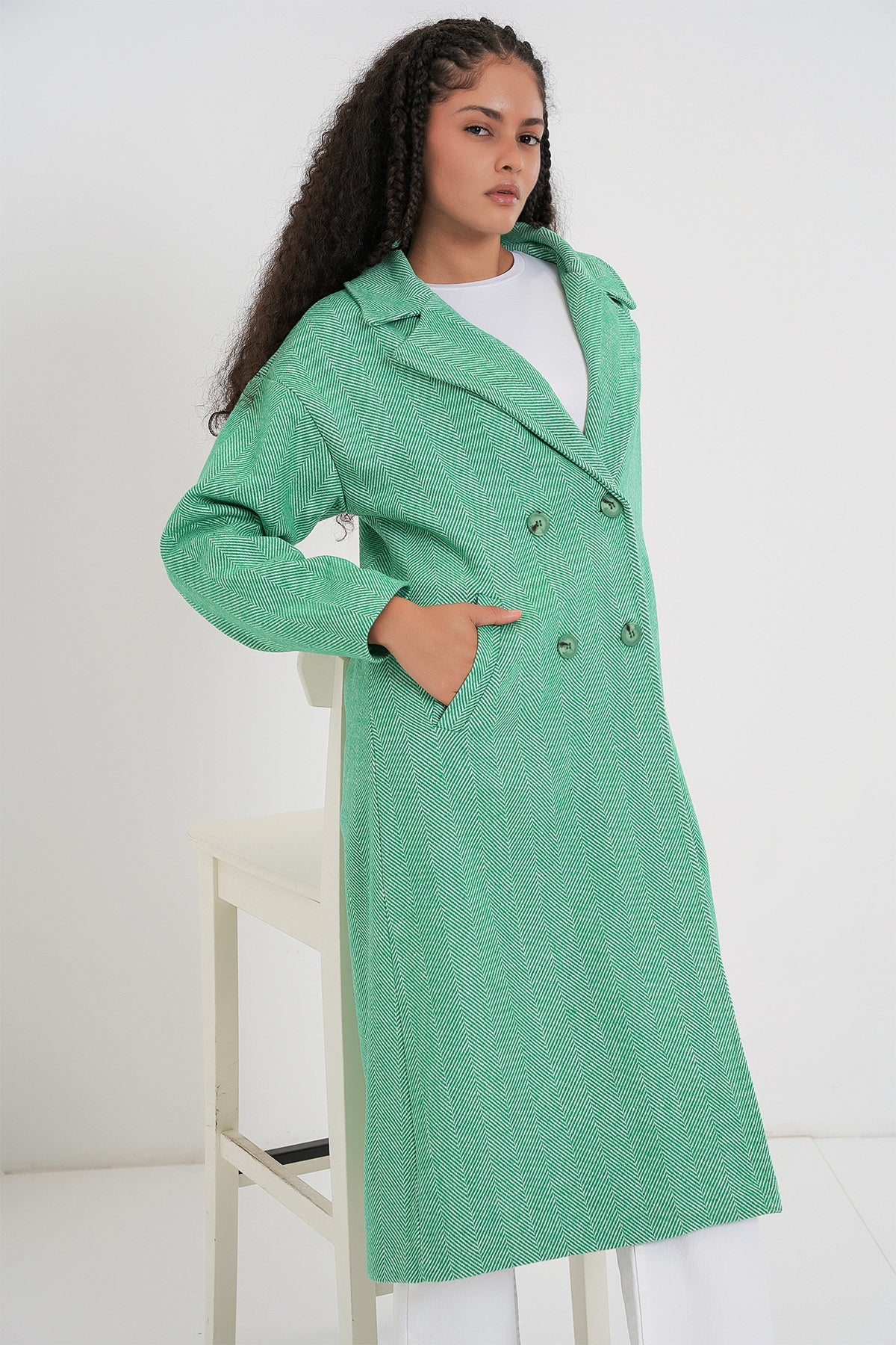 Yeşil Oversize Geniş Kesim Yünlü Uzun Kaşe Kaban 9113