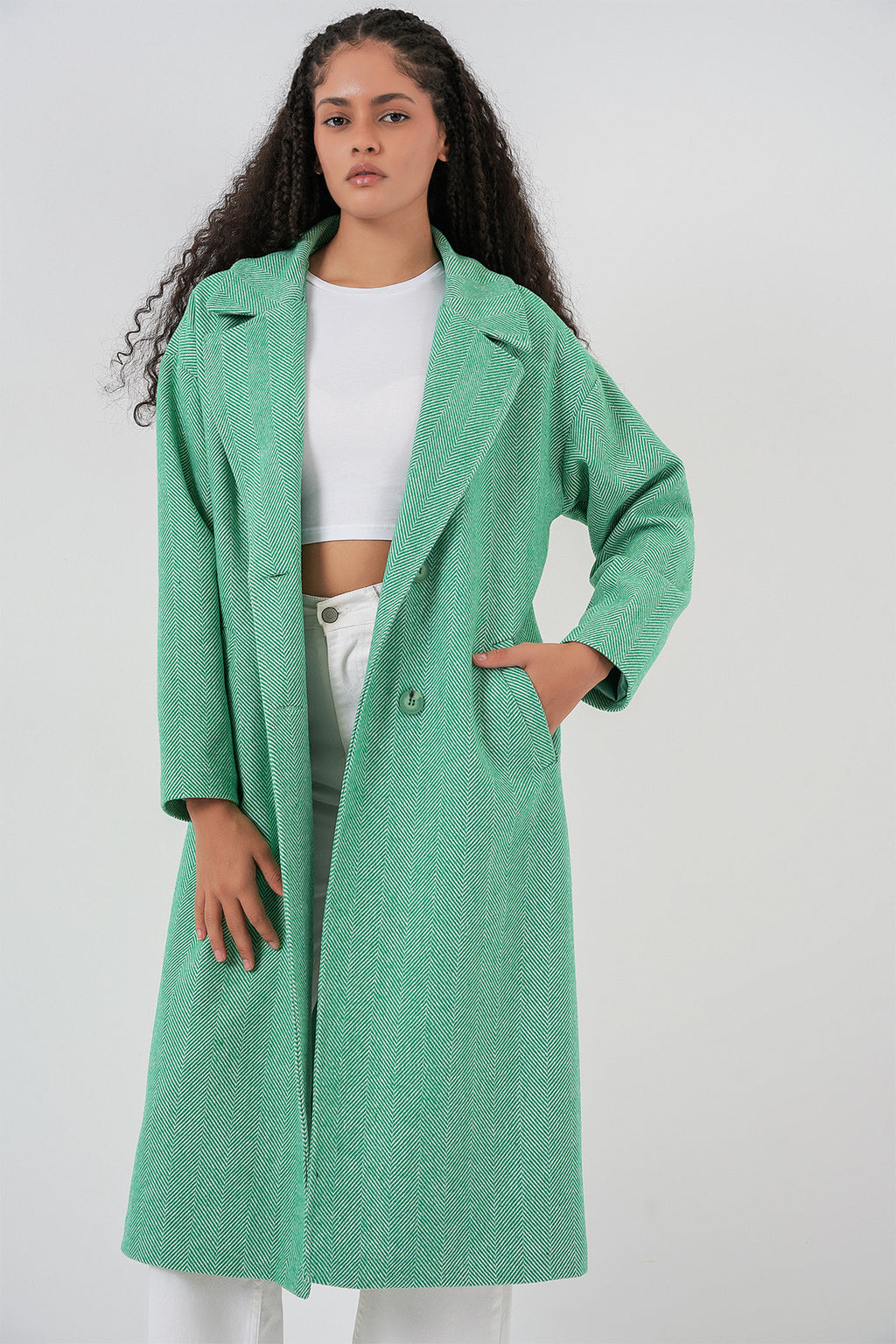 Yeşil Oversize Geniş Kesim Yünlü Uzun Kaşe Kaban 9113